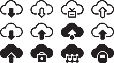 Obraz premium Set of twelve cloud icons with various directional arrows and upload download symbols isolated on transparent background