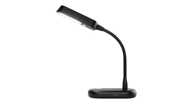 A sleek black desk lamp sits on a surface with its arm curved upward.