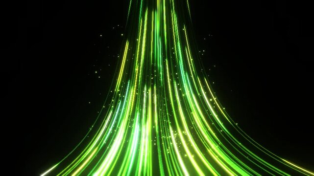 Futuristic 4K seamless motion loop showcasing an interactive fiber optic data highway. Radiant parallel light paths curve smoothly at a 90-degree angle, emitting golden packets of light.
