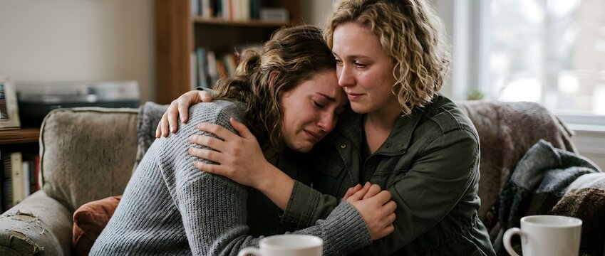 Emotional woman comforting crying friend with a supportive hug at home, sharing a moment of grief and empathy