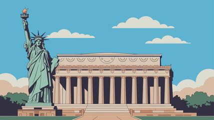 Illustration of the Statue of Liberty and a monument resembling the Lincoln Memorial under a clear blue sky.