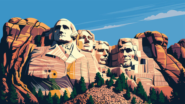 Iconic illustration of Mount Rushmore featuring the carved faces of four American presidents against a clear blue sky and rugged mountains.