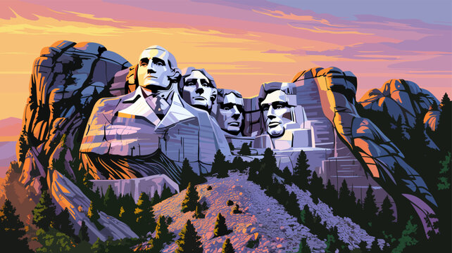 A vibrant illustration of Mount Rushmore at sunset, showcasing the carved faces of four American presidents on a majestic mountain landscape.
