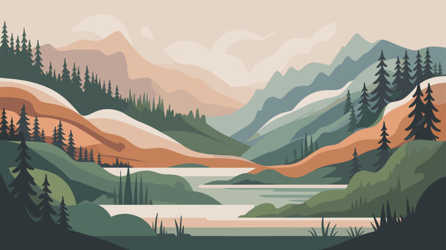 Stylized flat design illustration of a serene mountain landscape with a calm lake and evergreen trees under a soft sky.