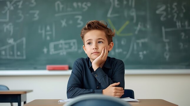 Thoughtful Young Boy Sitting at Desk in Classroom.