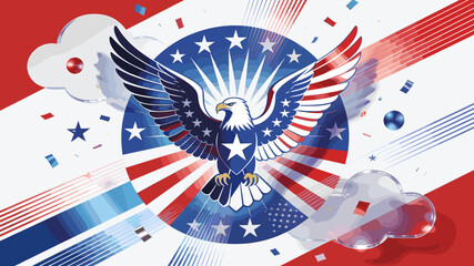 Obraz premium An American bald eagle with outstretched wings, set against a backdrop of red, white, and blue stripes and stars, with confetti and clouds.