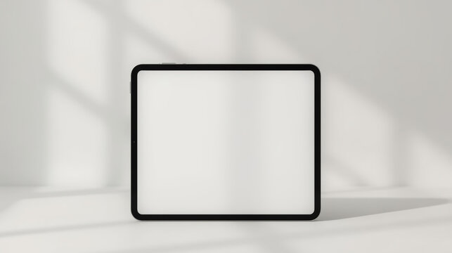 Minimalist tablet mockup on neutral surface with soft window light and subtle shadow