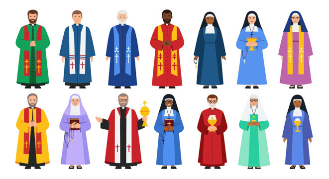 Diverse Clergy and Nuns in Religious Attire, Christian Faith Community Icons