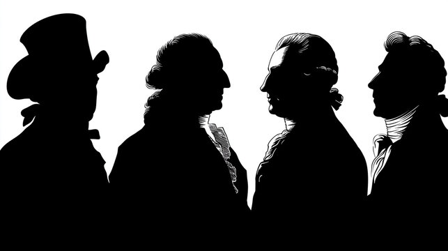 Silhouettes of four historical American figures wearing attire from the 18th century, depicted in profile against a stark white background for a historical representation.