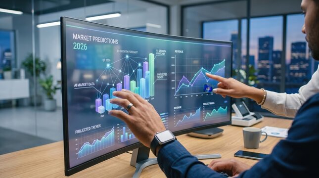 Financial analyst reviewing market predictions and projected trends for 2026 on computer monitor