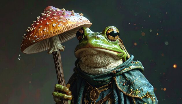 Frog in cloak holding mushroom umbrella fantasy creature