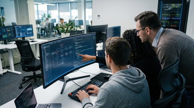 Team of software developers working on code, debugging application in modern office environment, collaborative programming concept
