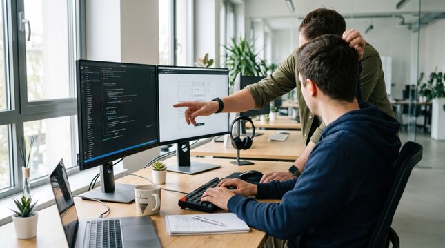 Two software developers engaged in pair programming session reviewing code on dual monitors in bright contemporary office space with greenery, coffee cups, and notebooks
