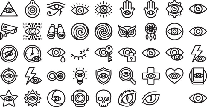 Eye and Vision Icon Set Featuring Surveillance, Security, Awareness, Observation, Optics, and Insight Symbols