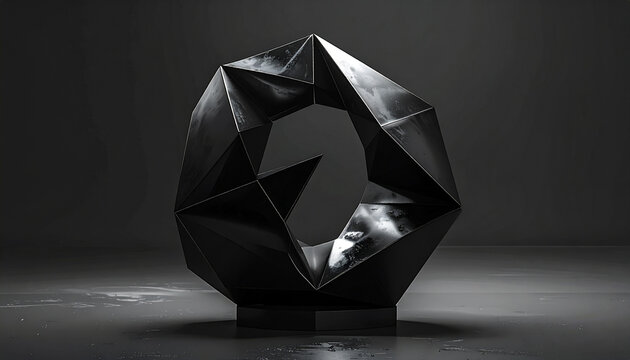 Modern abstract geometric black sculpture on pedestal