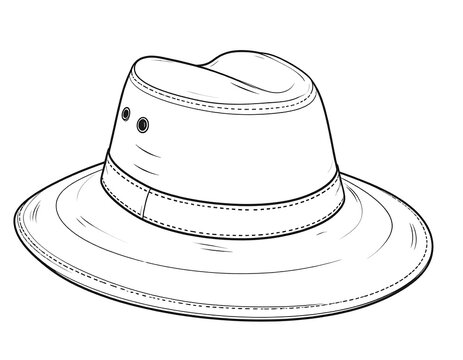 Black and white illustration of a sun hat with a wide brim and a slightly indented crown. Features details like stitching