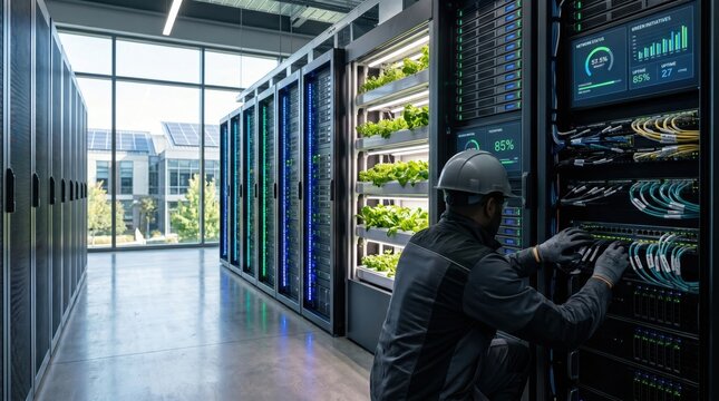 Technician maintaining server racks with vertical farming integration, sustainable green technology and eco-friendly data center concept