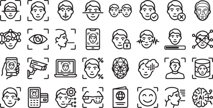 Facial Recognition And Biometric Security Outline Icon Set With AI Identification And Smart Authentication Elements