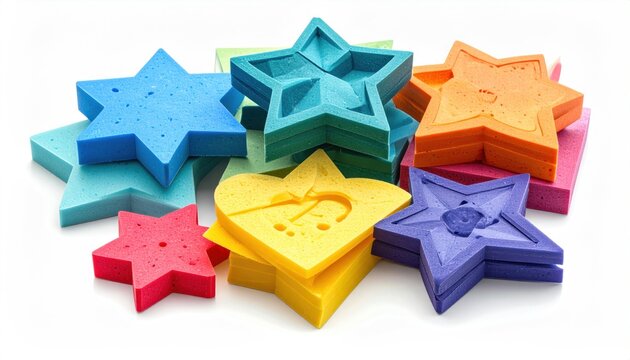 Colorful star and heart shaped foam molds for crafts and bath time fun isolated on white background