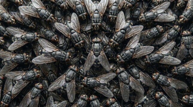 A dense swarm of dark gray flies with translucent wings clustered together in a chaotic yet symmetrical pattern