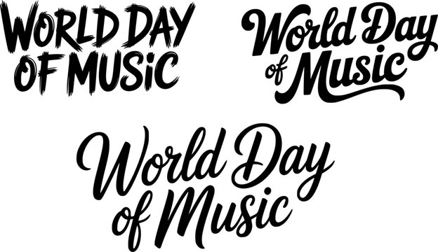World Day of Music hand-lettered typography set featuring bold and elegant script font variations, perfect for music festivals, concert promotions, musician branding, melodic celebration greeting card