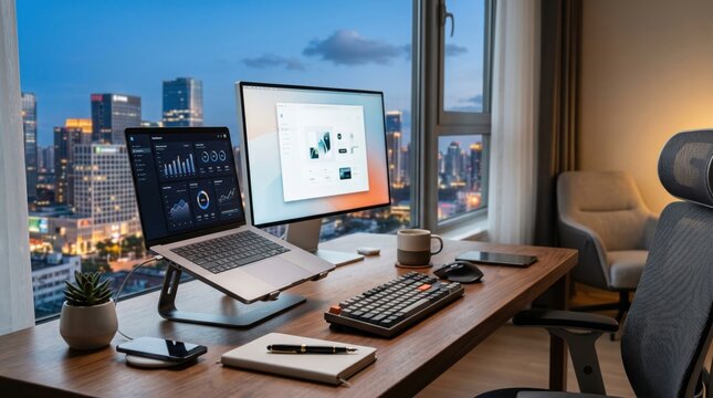Modern home office workspace setup with laptop and monitor on wooden desk, city skyline view at night, remote work environment, freelancer station, productivity tools