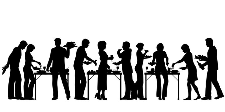 People silhouettes at a buffet party, social gathering event concept