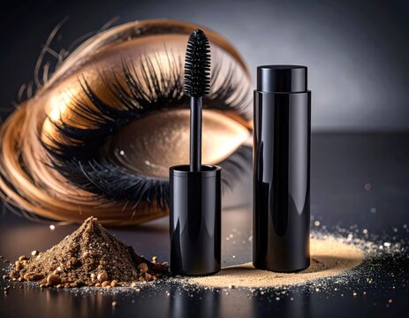 Luxurious black mascara tube and wand with dramatic false eyelashes and scattered cosmetic powder