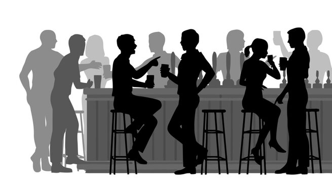 People silhouettes socializing at a bar counter, nightlife concept
