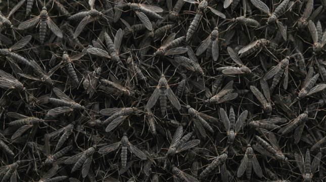 A Dense Swarm of Gray Mosquitoes with Delicate Wings and Segmented Bodies Filling the Frame insects