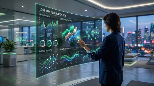 Businesswoman analyzing global market optimization data on futuristic holographic screen, AI financial analysis and logistics dashboard in modern office with city view background