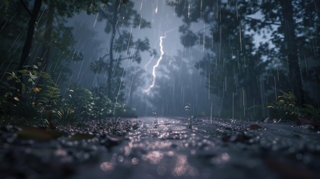 Forest thunderstorm lightning bolt with wet foliage Canon EOS R5