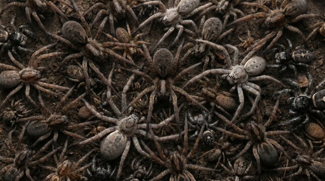 A dense swarm of numerous brown and grey tarantula-like spiders with hairy legs clustered together on dark soil