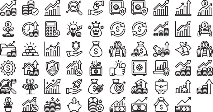 Financial Growth and Investment Icon Set Featuring Profit, Revenue, Savings, Banking, Analytics, and Business Finance Symbols