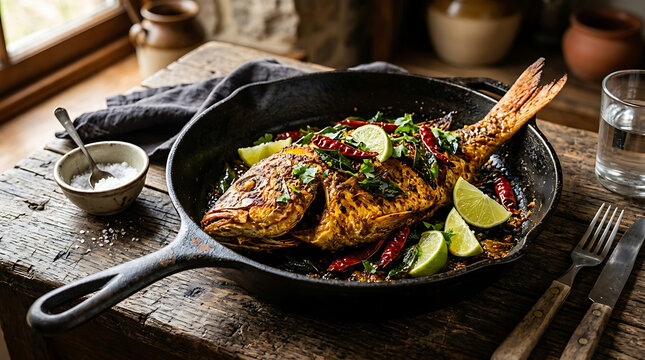 Spicy Masala Fried Red Snapper in Cast Iron Skillet