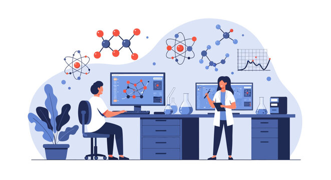 Scientist actively controls complex molecular structure with advanced digital interface in research lab setting
