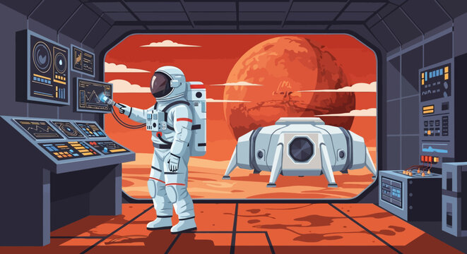 Astronaut testing a domed habitat module on Mars, showcasing future space exploration technology