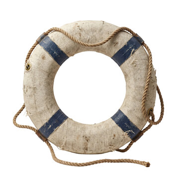 Vintage old lifebuoy with ropes isolated