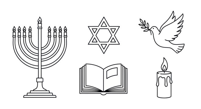 Jewish Symbols Set: Menorah, Star of David, Dove, Book, Candle - Line Art