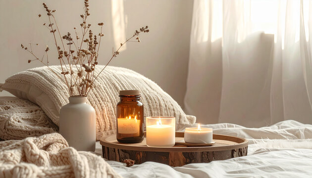 Cozy bedroom still life with candles and dried flowers