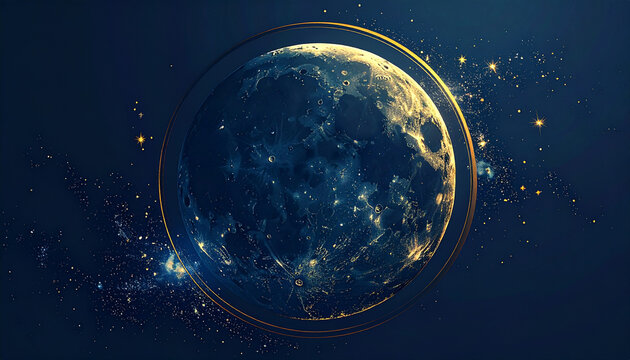 Golden Moon in Space with Stars and Orbits