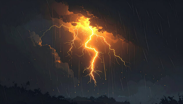 Electric storm with lightning bolt on dark sky with rain