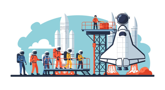 Space tourism passengers boarding a futuristic rocket ship for interstellar travel