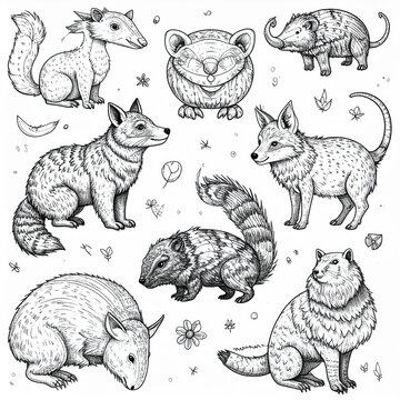 Collection of illustrated wild animals on white background