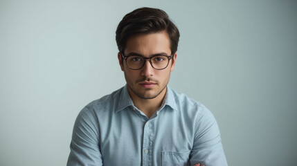 Obraz premium Young man wearing glasses and collared shirt looking engaged and confident