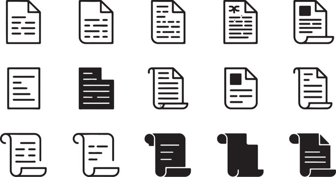 Set of flat design document and paper icons with various file types and statuses