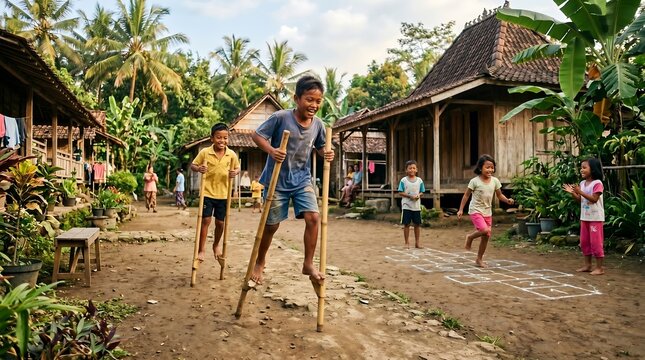 Indonesian Children Playing Traditional Games Outdoors in the Village -A group of cheerful children playing traditional games, playing Egrang and Engklek, the authenticity of childhood in Indonesia.