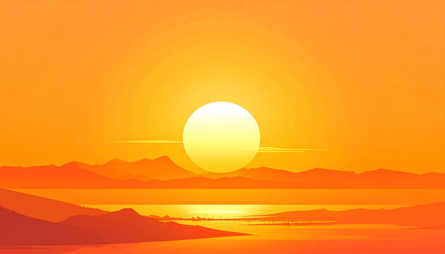 Sunset over serene landscape with mountains and water