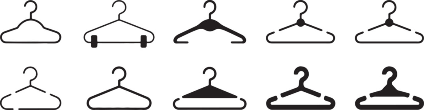 Set of ten different coat hanger icons isolated on transparent background