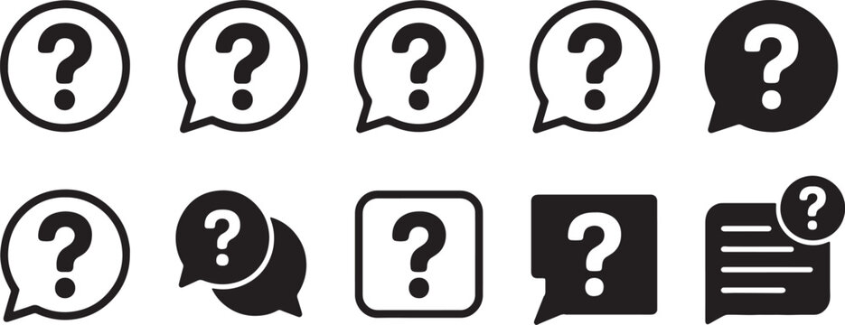 Set of ten different speech bubble and thought cloud icons with question marks isolated on transparent background